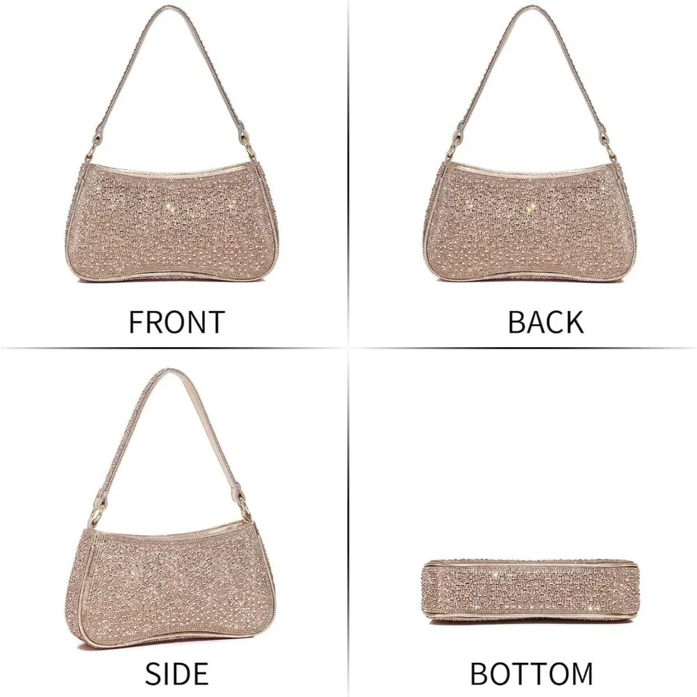 Gold Rhinestone Women's Clutch Purse Evening Bag with Zipper Closure and Adjusta
